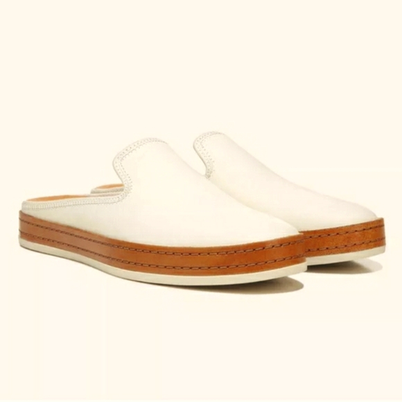 Vince Shoes - Vince White and Tan Leather-Trim Slip-On Mules